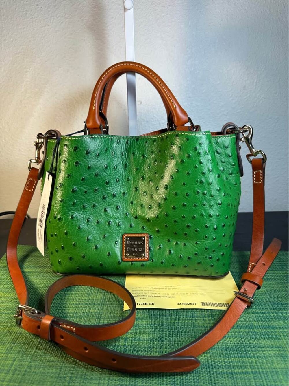NWT Dooney & Bourke Ostrich Satchel with Pocket – Kelly Green / Cognac